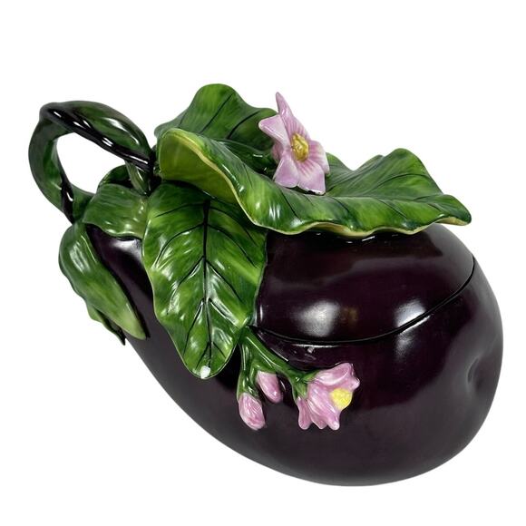 Fitz and Floyd Classics Eggplant Candy Dish/Trinket Dish Pink Flowers - Picture 3 of 11